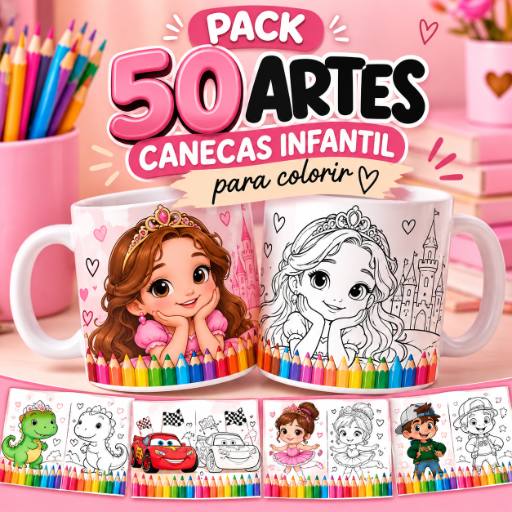 Pack 50 Artes Canecas para Colorir