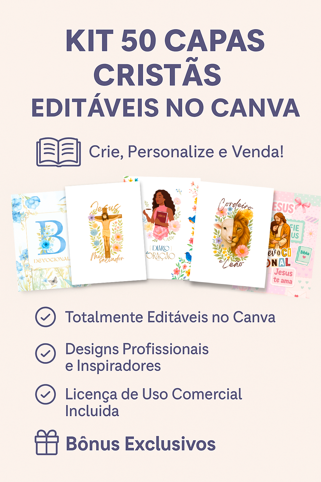 Kit Fé Criativa – 50 Capas Cristãs Editáveis + Miolo Gratidão com Versículos